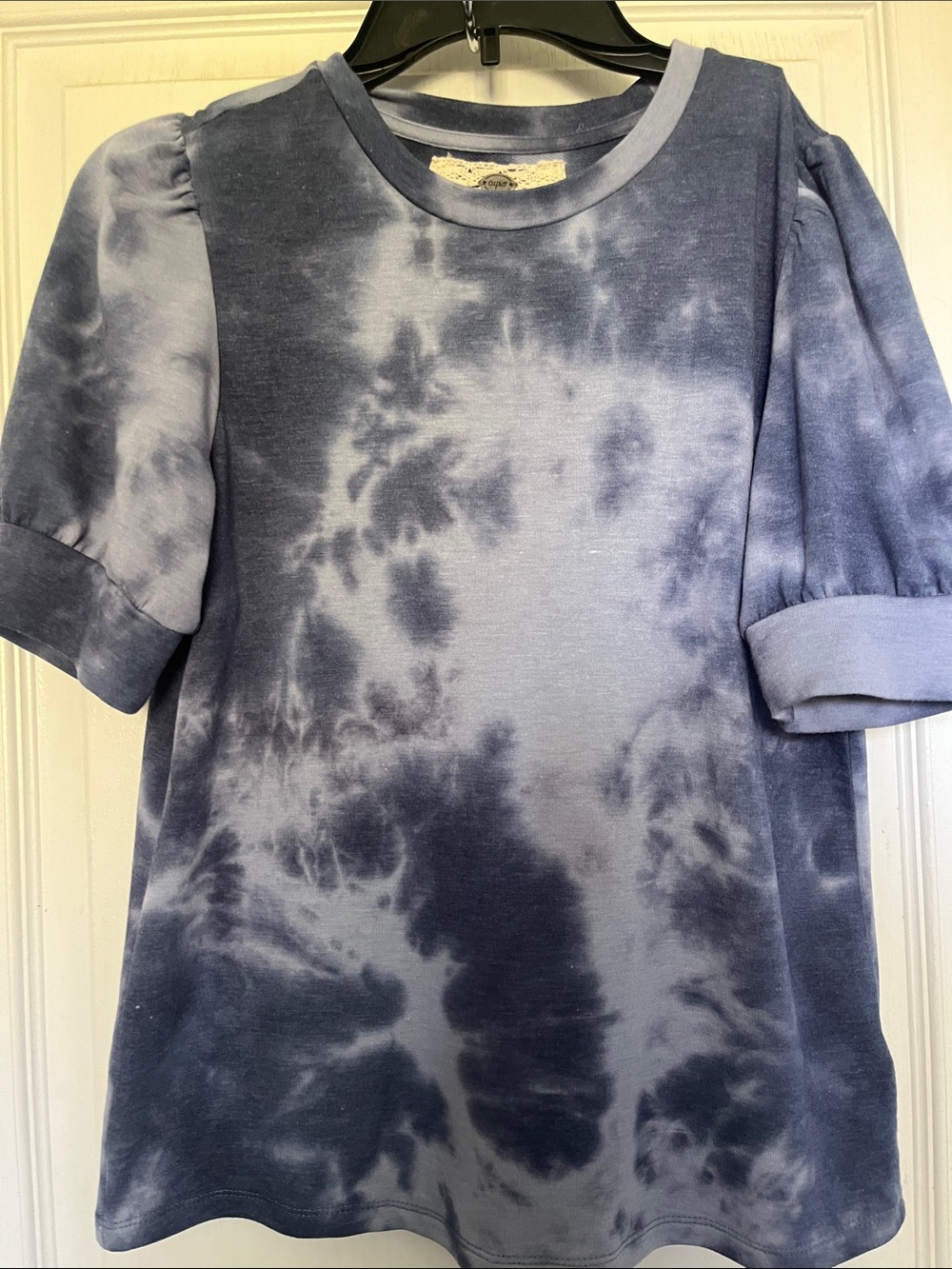 Cupio Blue Knit Top with gathered/ cuffed short sleeves